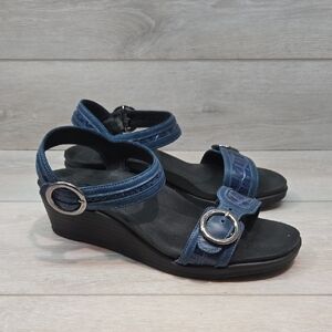 SAS Women's Blue Sandals with Silver Buckles Leather Wedge Shoes Sz 9.5M